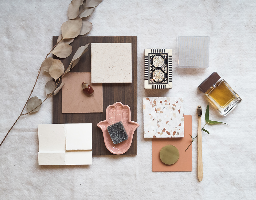 Moodboard met kleuren en materialen met een zachte uitstraling