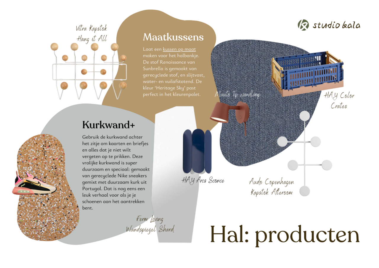 productpagina voor de hal, met maatwerkkussens, kapstok van Vitra, lampje van Muuto, een kurkwand gemaakt van oude sneakers en een spiegel van Ferm Living.