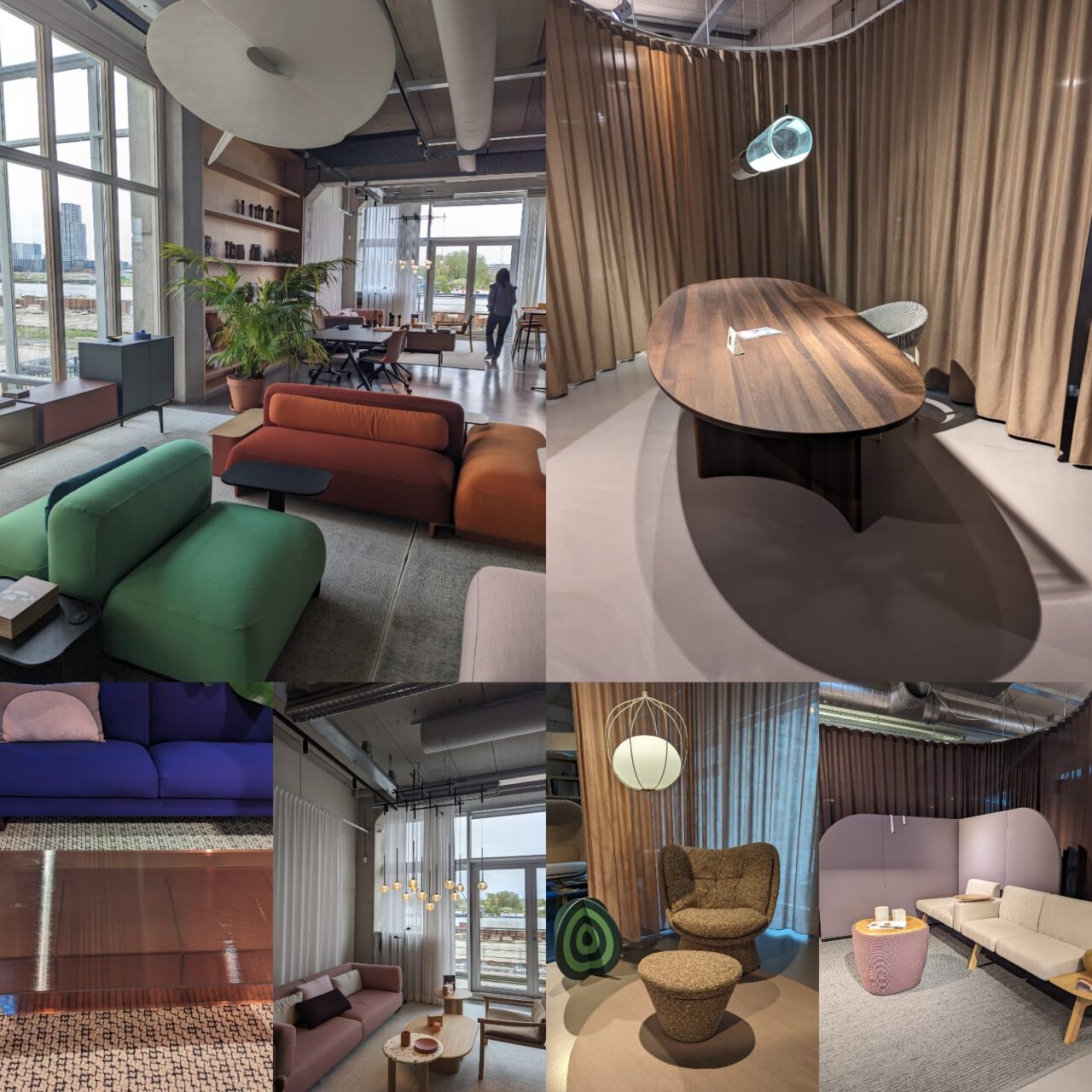 6 foto's van meubels van designmerken, zoals een bank, een eettafel en een fauteuil
