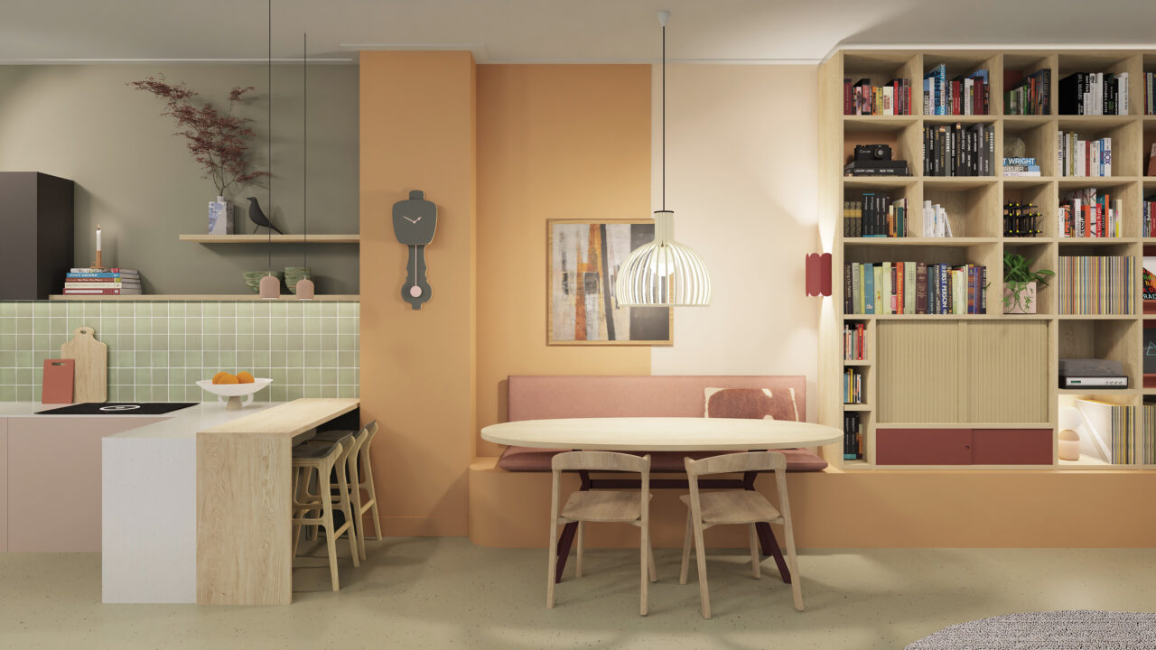 3D render van de keuken en eethoek. De keuken is in groentinten, dit gaat over in zacht oranje en rozerode tinten bij de eethoek. Daarnaast staat een maatwerk boeken- en tvkast.