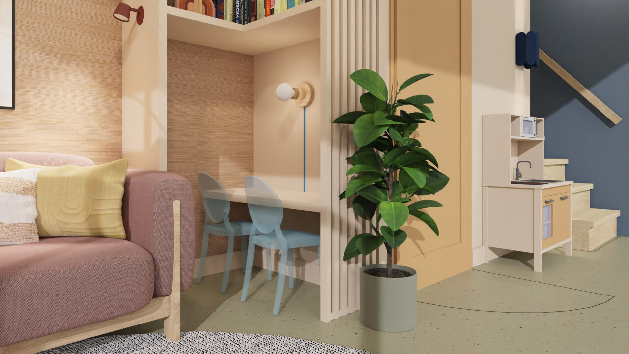 Het kinderbureau naast de bank, met 2 designstoeltjes en een lampje.