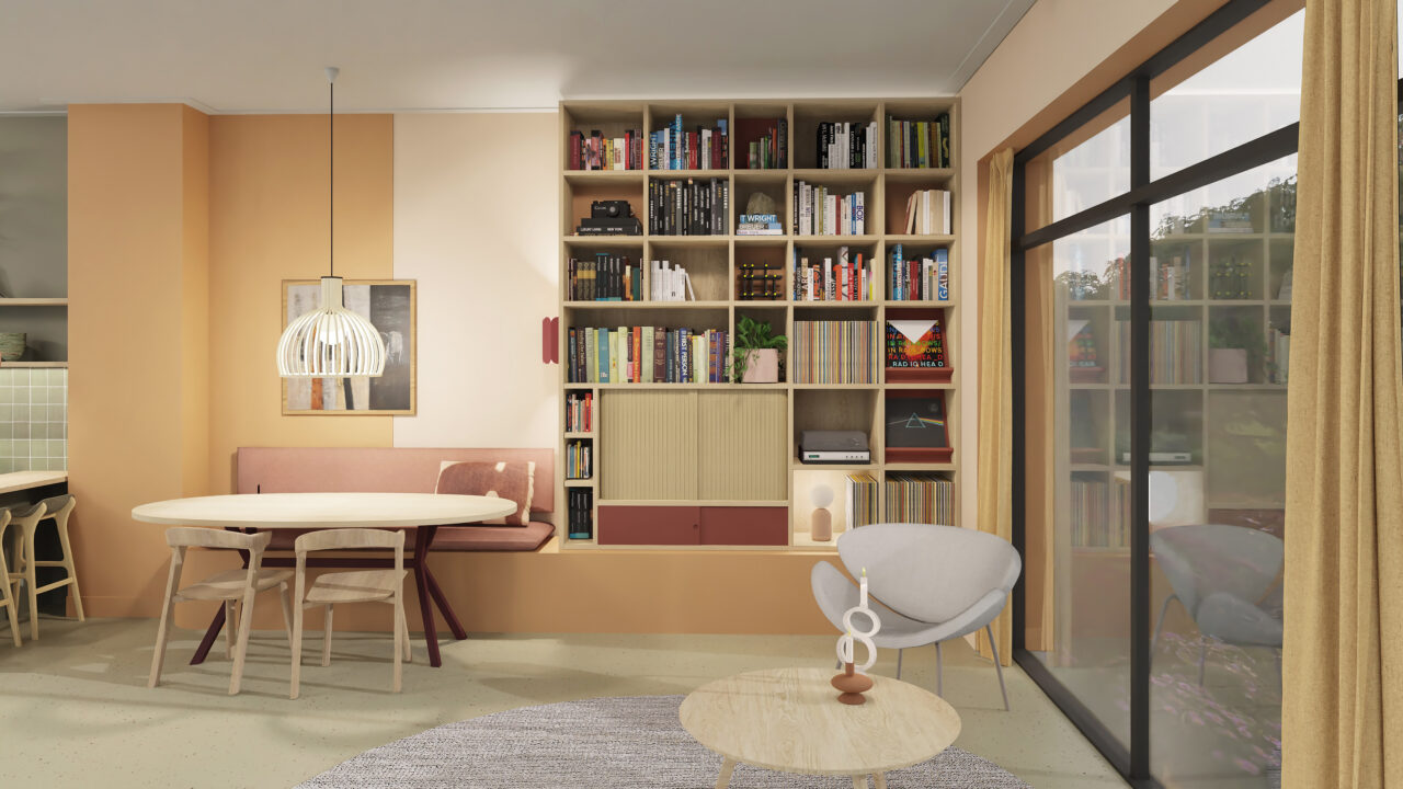 Uitsnede van 3D ontwerp van de wandkast gevuld met boeken en langspeelplaten. Voor de kast staat een designstoel.