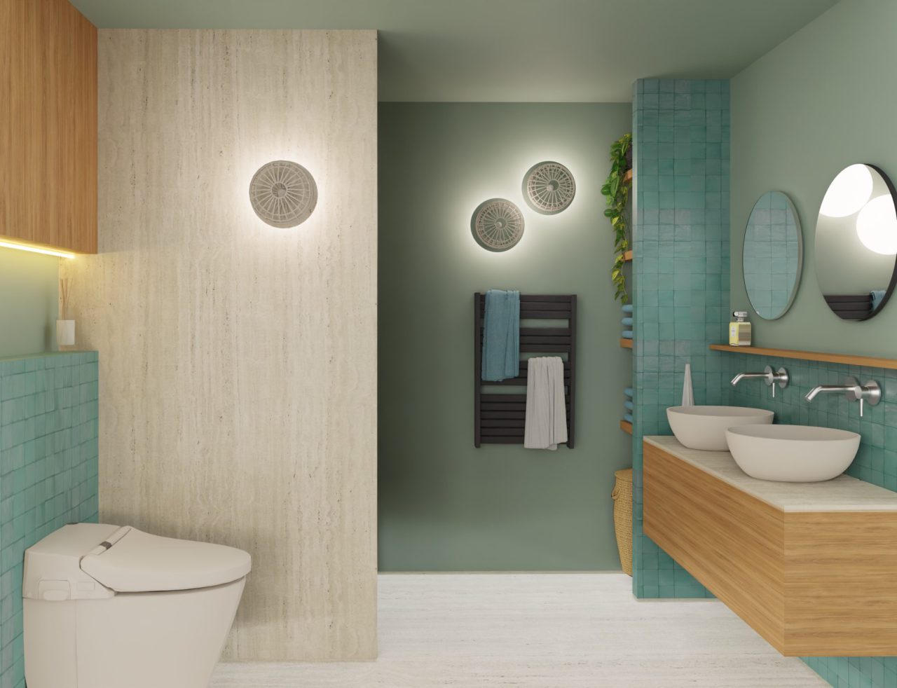 3D visualisatie van de badkamer, groene en beige tinten zijn gecombineerd en er is een groot wastafelmeubel