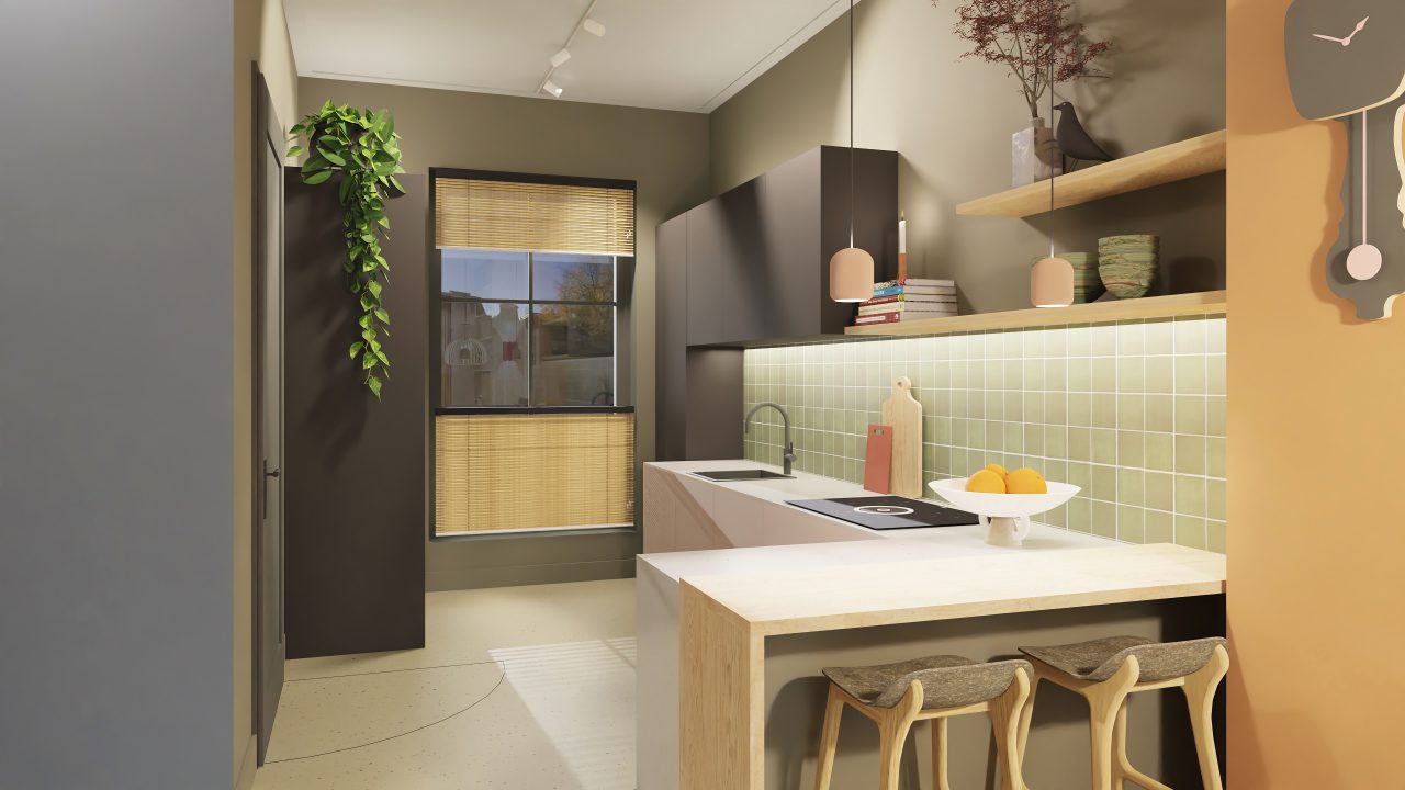 3D visualisatie van de keuken. Antraciet kasten worden gecombineerd met beige. De achterwand heeft groene tegeltjes.