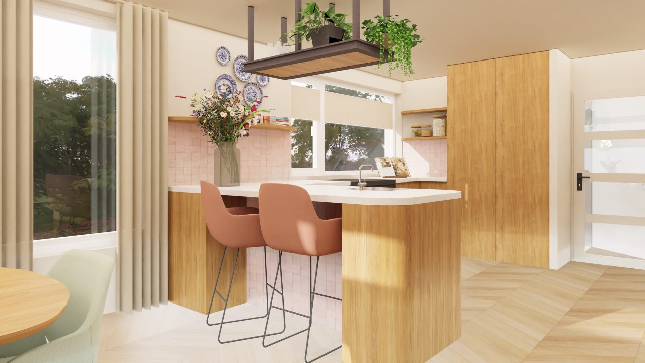 3D visualisatie van de keuken. Je ziet een ontbijtbar met 2 roze krukken. De keuken is uitgevoerd in licht hout. Er schijnt zon naar binnen.