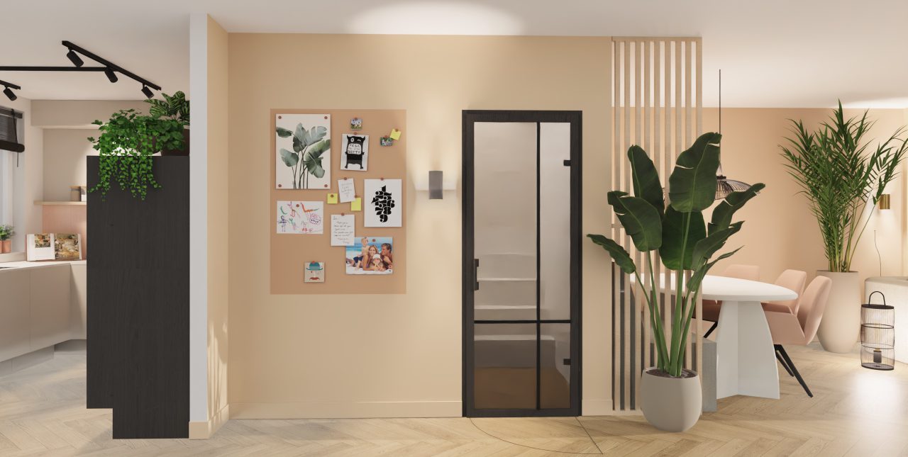 3D visualisatie van een wand met een memobord