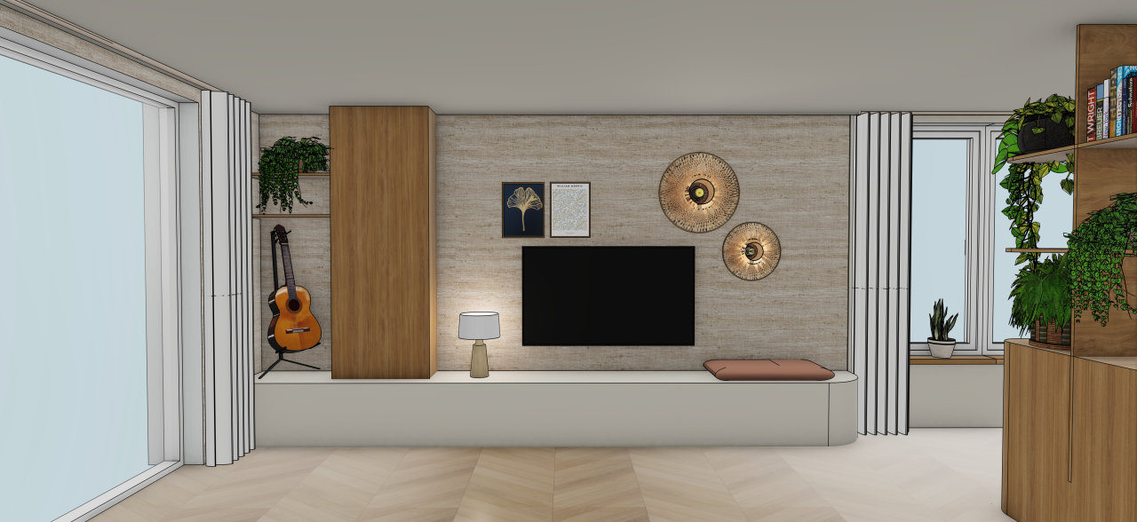 digitale schets van het maatwerk tv-meubel, met een hoge kast en ruimte om de gitaar op te zetten