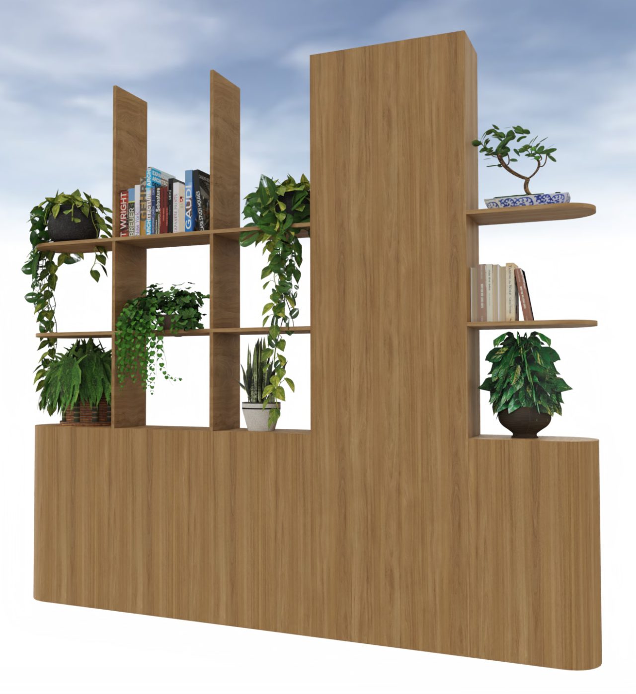 digitale tekening van de roomdivider, gemaakt van hout met zowel dichte kasten als open vakken