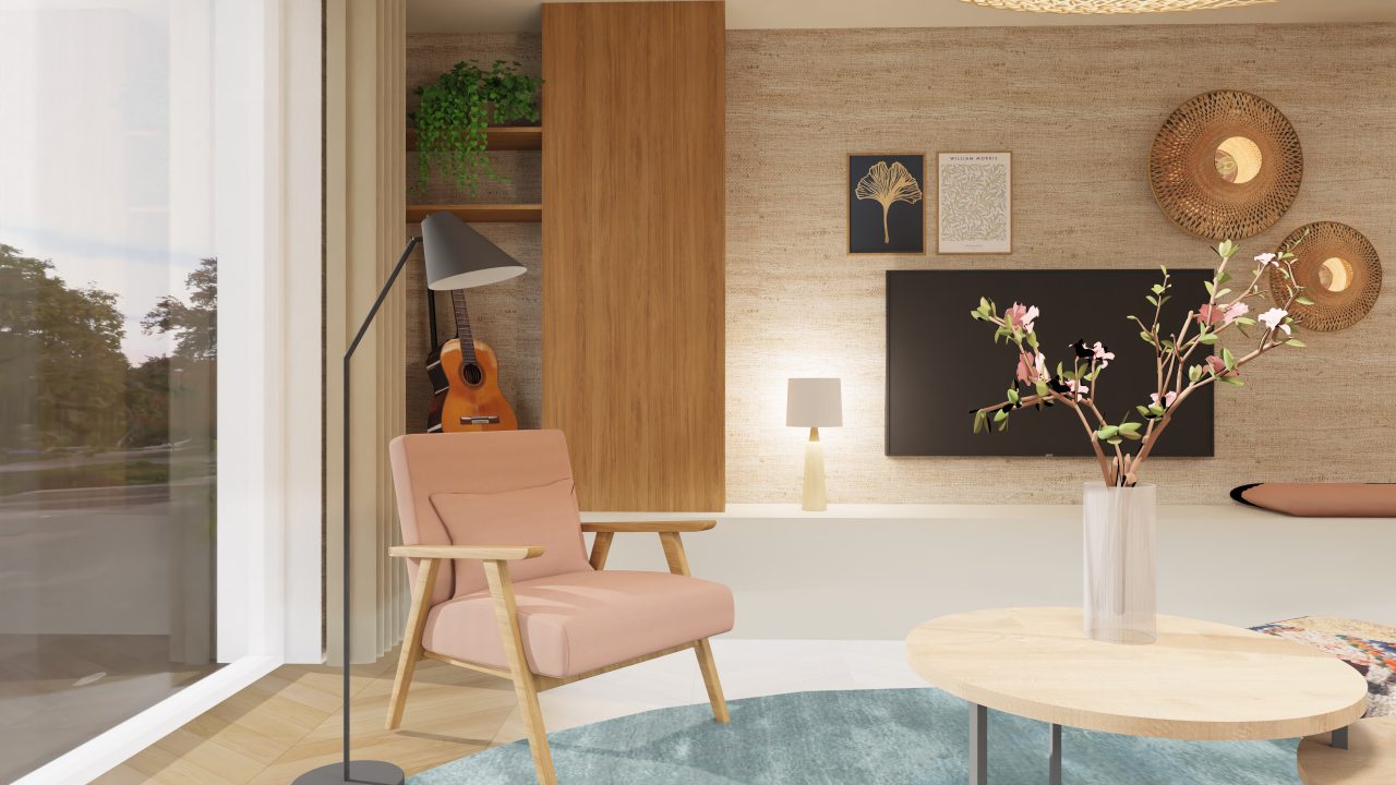 3D visualisatie van de zithoek met een maatwerk kast en scandinavische stoel
