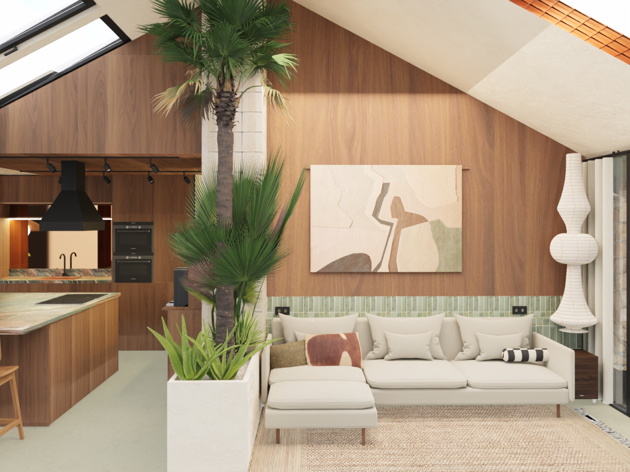 3D visualisatie van een doorsnede van de woning waarbij de zithoek en de keuken te zien is. Er is veel hout gebruikt, en in het midden staat een grote palmboom