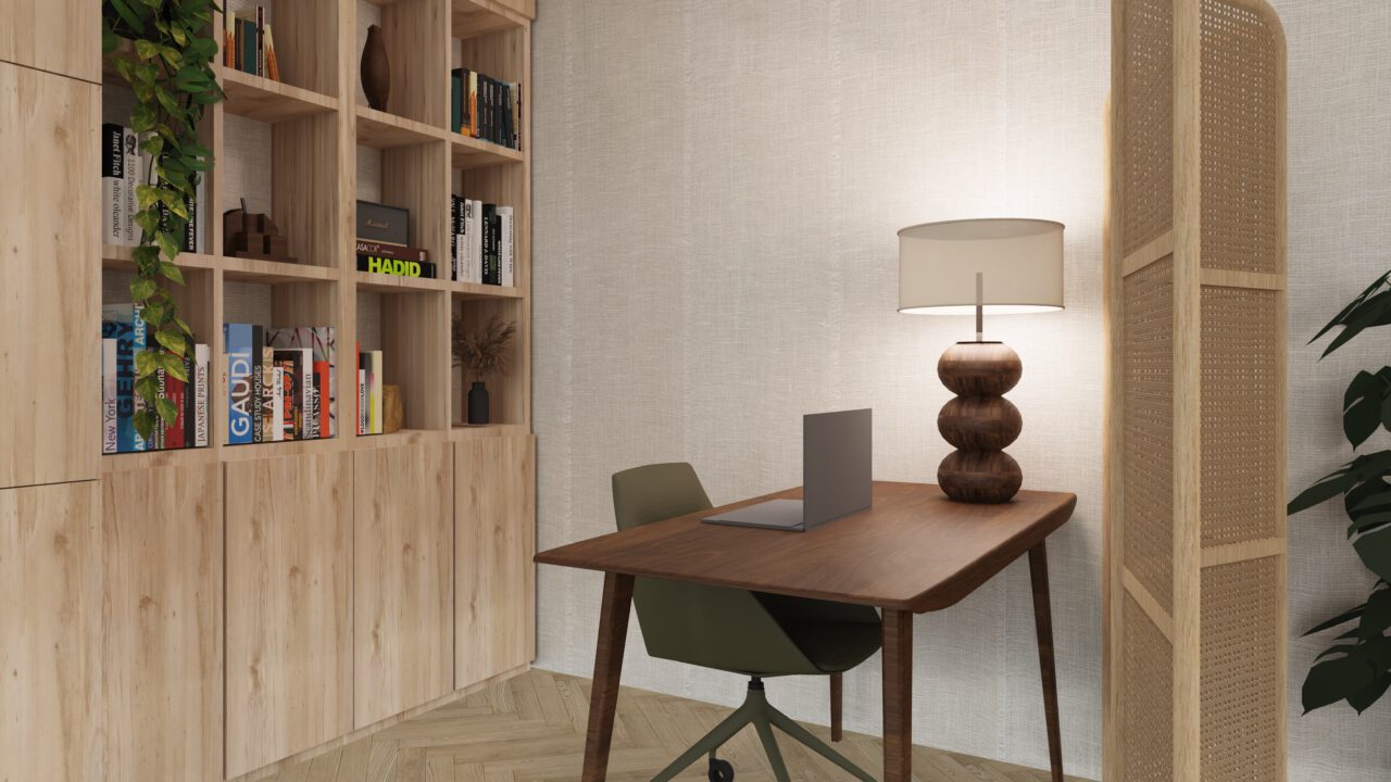 3D weergave van een werkkamer met boekenkast en bureau