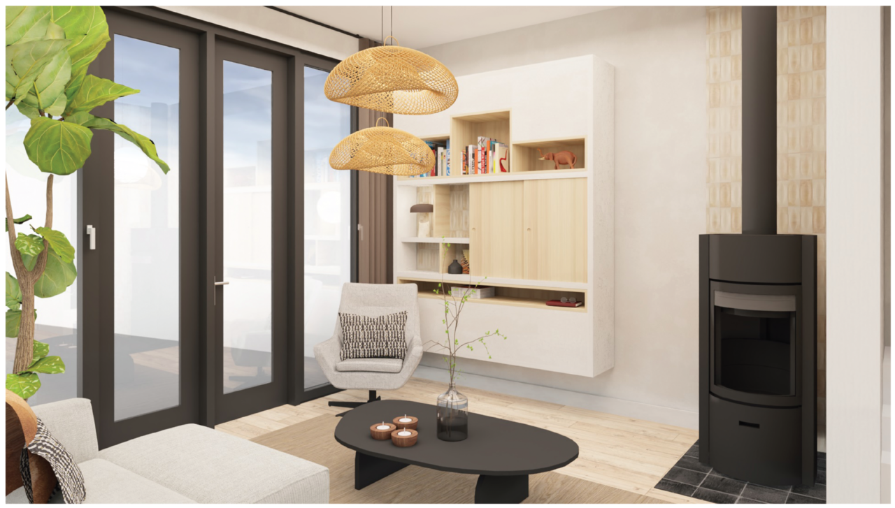 3D visual van een woonkamer met kachel en maatwerk wandmeubel